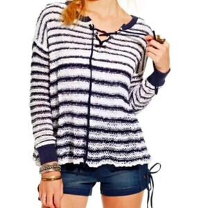 Free People Judy Punk Loose Knit Oversized Striped Sweater White Navy Women's XS